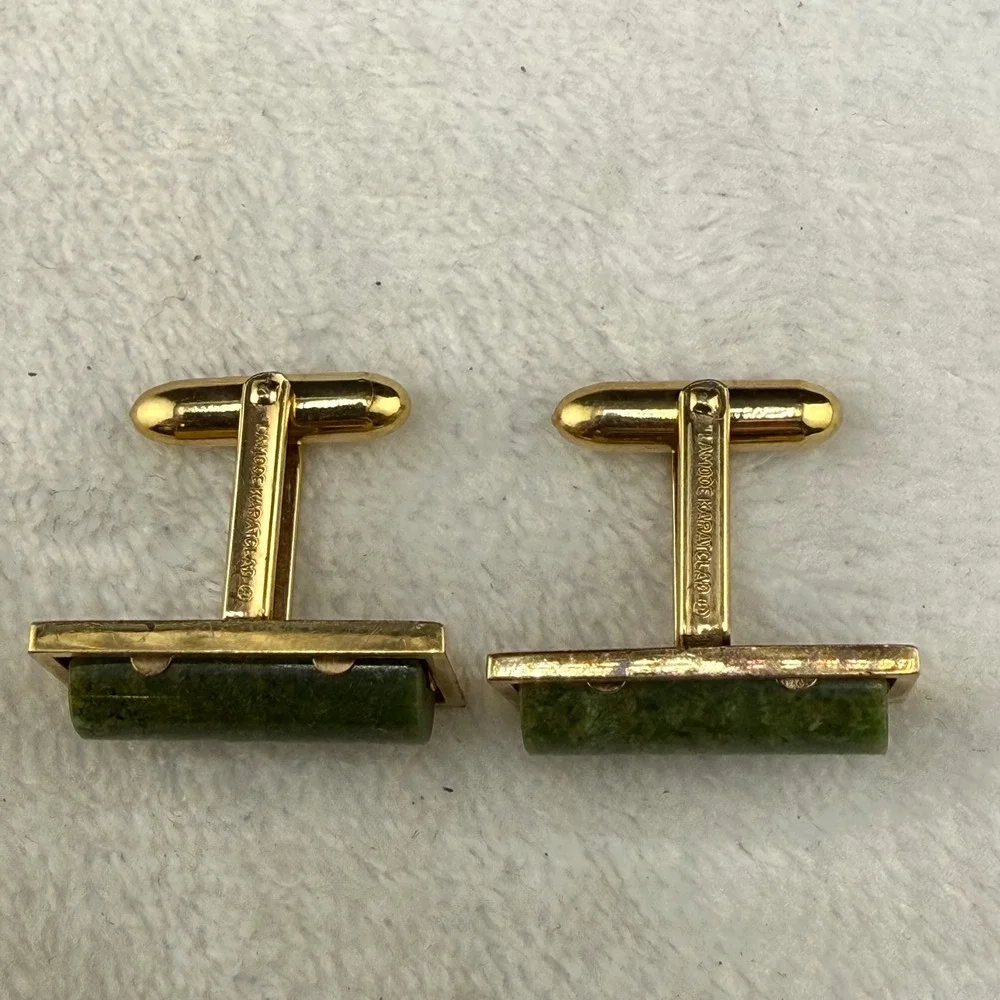 Vintage Lamode Karayclad Cufflinks Tie Tack Set Green Stone Gold Tone READ